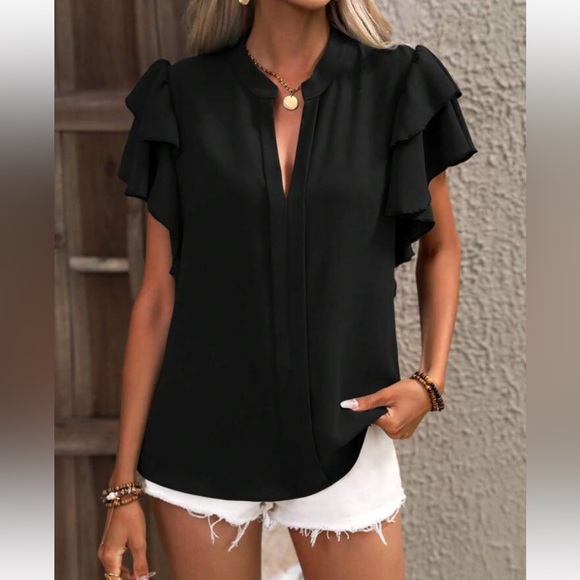 Elegant Classic Ruffle Butterfly Flutter Sleeve Top Blouse Shirt Yellow - Picture 14 of 16